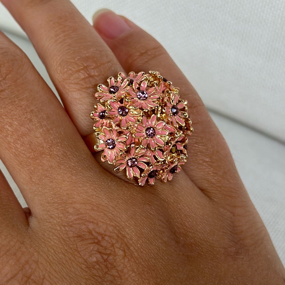 Vintage Pink Daisy Flower Gold plated Ring - Picture 4 of 9